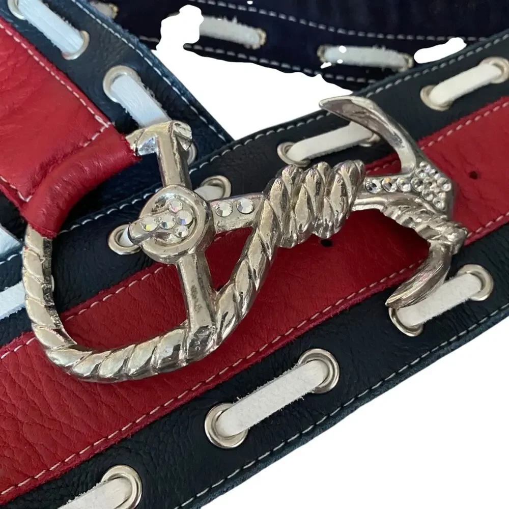 Leatherock Nautical Leather Boat Anchor Belt size large Wide Red White Blue